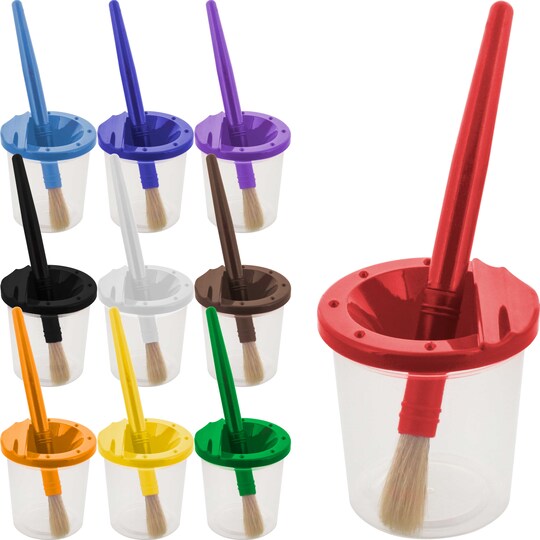 U.S. Art Supply; 10 Piece Children's No Spill Paint Cups with Colored Lids and 10 Piece Large Round Brush Set with Plastic Handles; Category:Brush Cleaners; Image:1